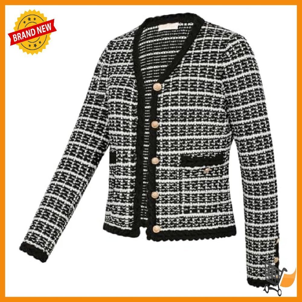 Tweed Cardigan Blazer V-Neck Button Front Pockets Fall Winter Spring - Picture 2 of 8